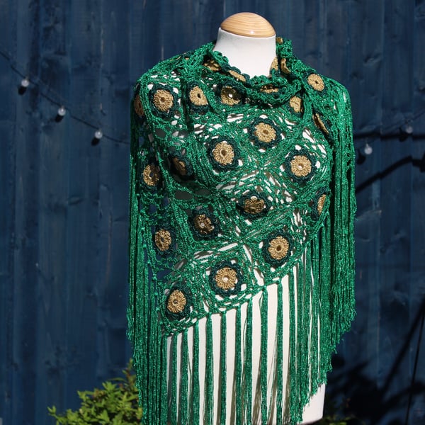 Crochet triangular shawl in sparkly gold, dark green and emerald - design LF433