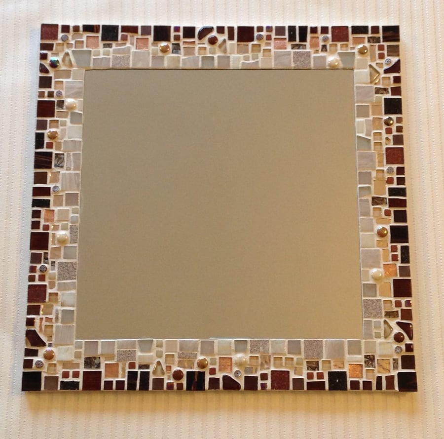Large Mosaic Wall Mirror in shades of Brown, Copper & Cream 40cm - Bathroom