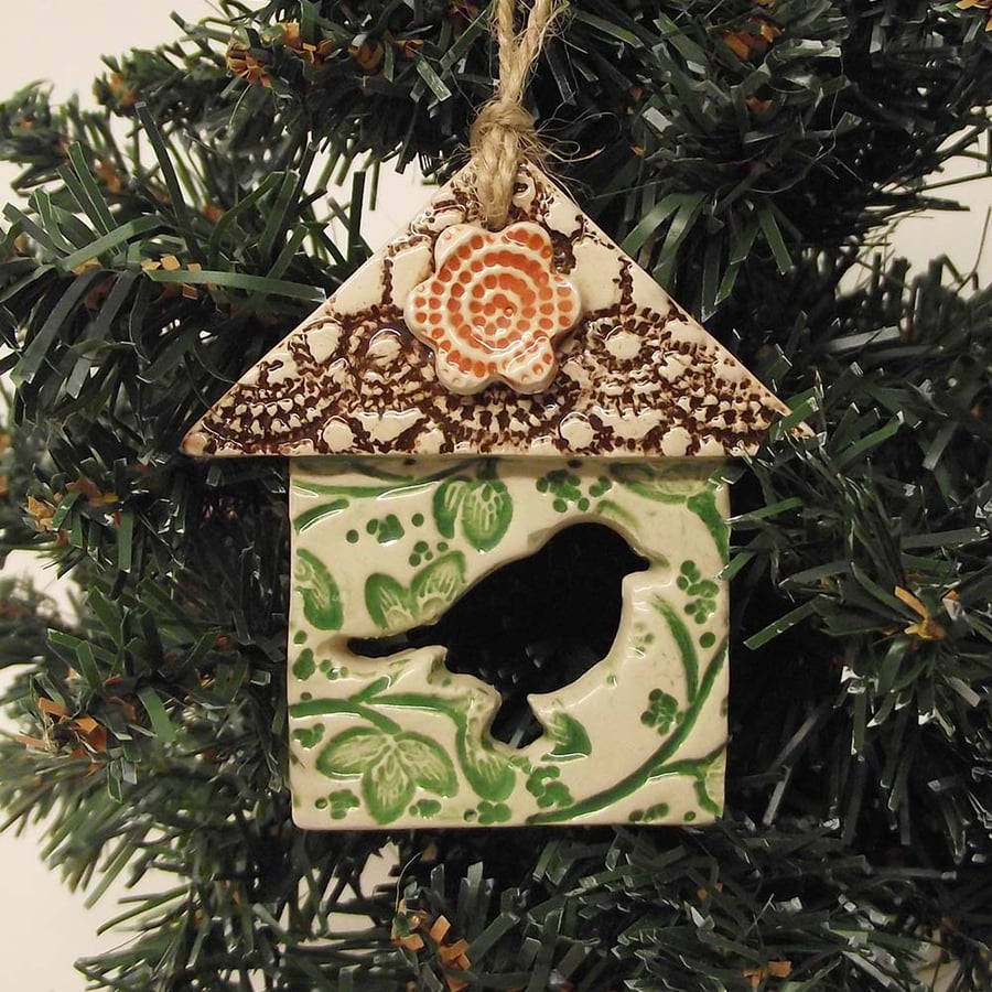 Small Ceramic bird house decoration Pottery Tree Garden