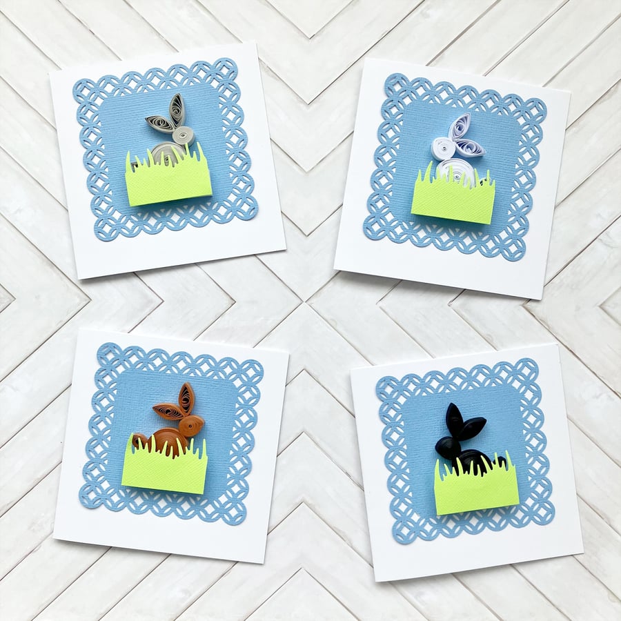 Blank cards - set of 4 quilled rabbits - thank you, get well cards
