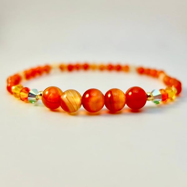 Natural Carnelian Bracelet With Swarovski Crystals - Handmade In Devon