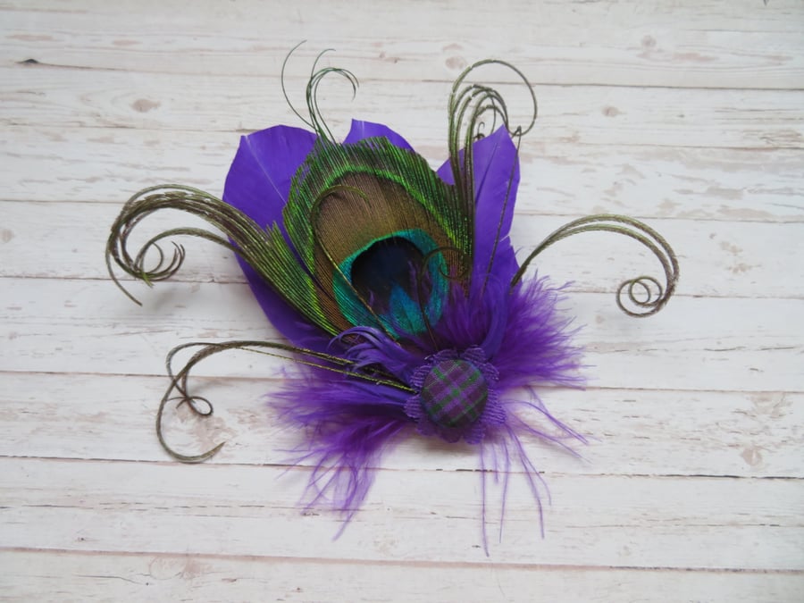 Purple & Amethyst Peacock Feather Tartan Hair or Hat Clip