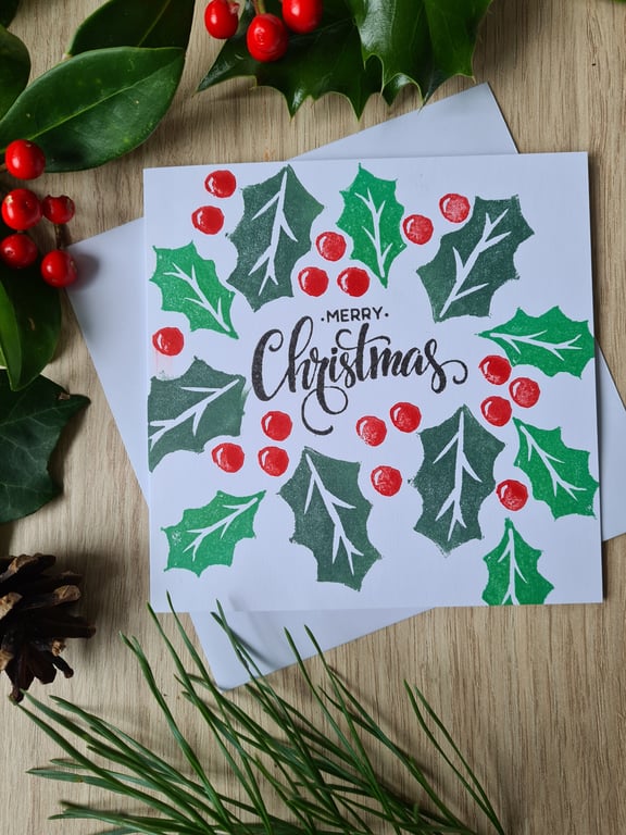Holly Christmas card handprinted