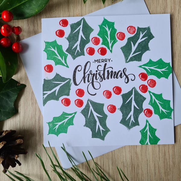 Holly Christmas card handprinted