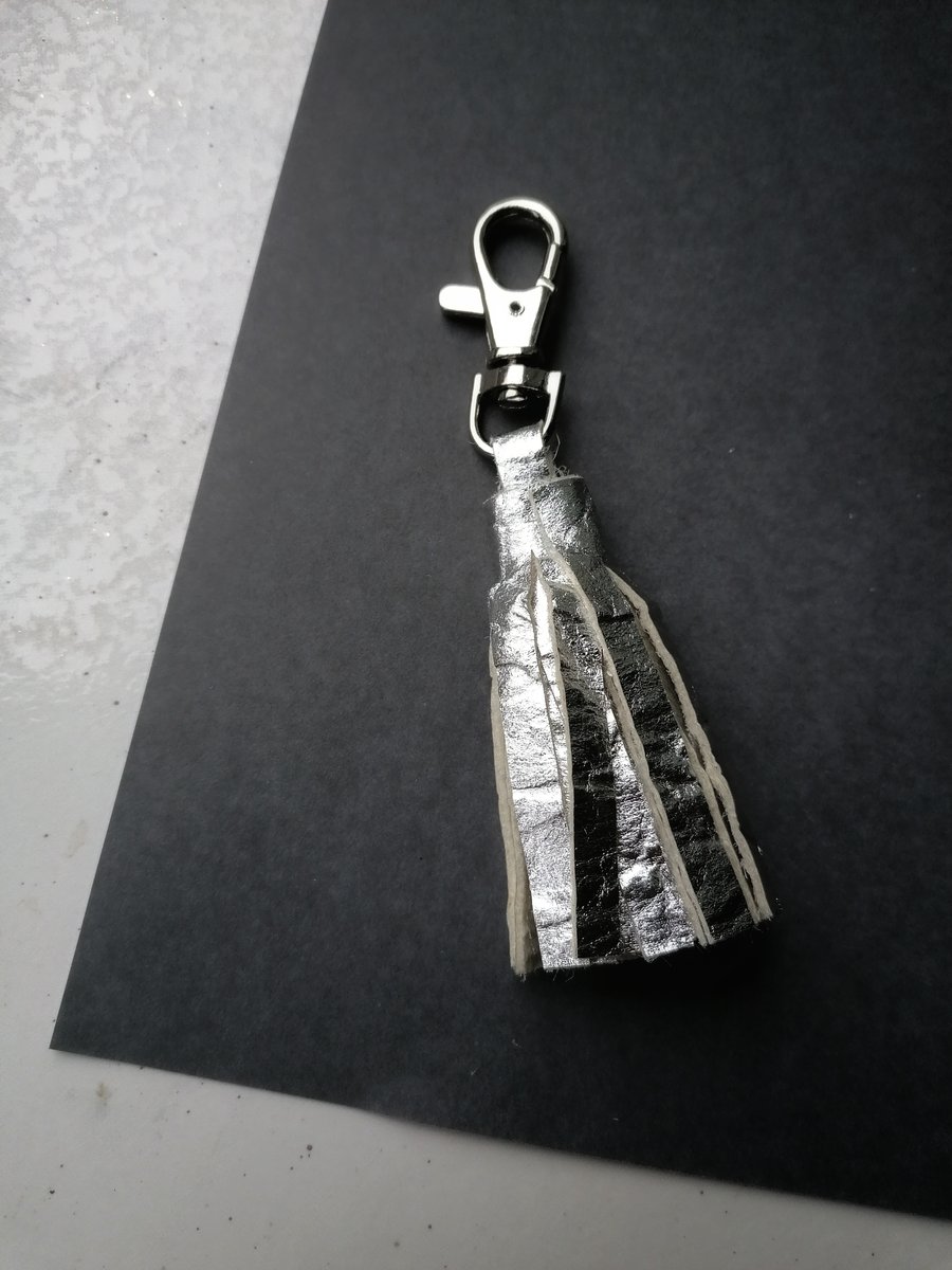 Handmade Vegan Leather Tassel Keyring - Silver