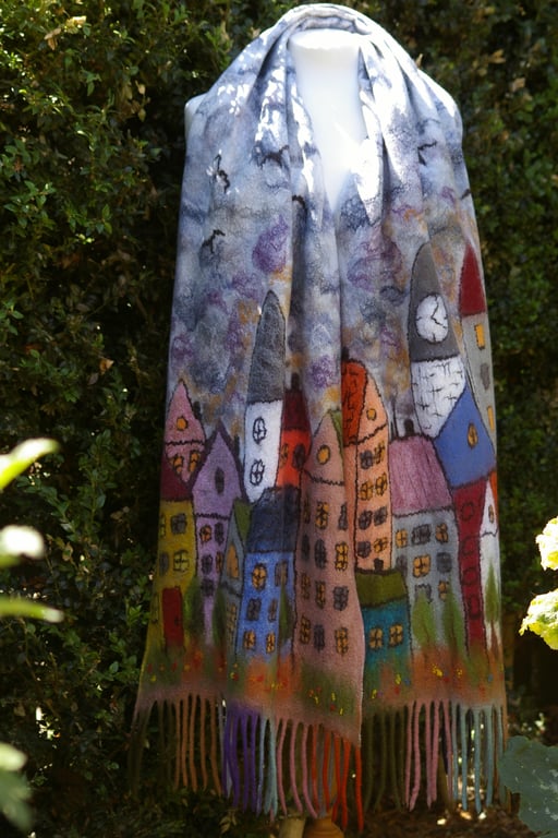 One of a Kind Nuno Felted Art Stole – Hand Felted Wool and Silk Cityscape
