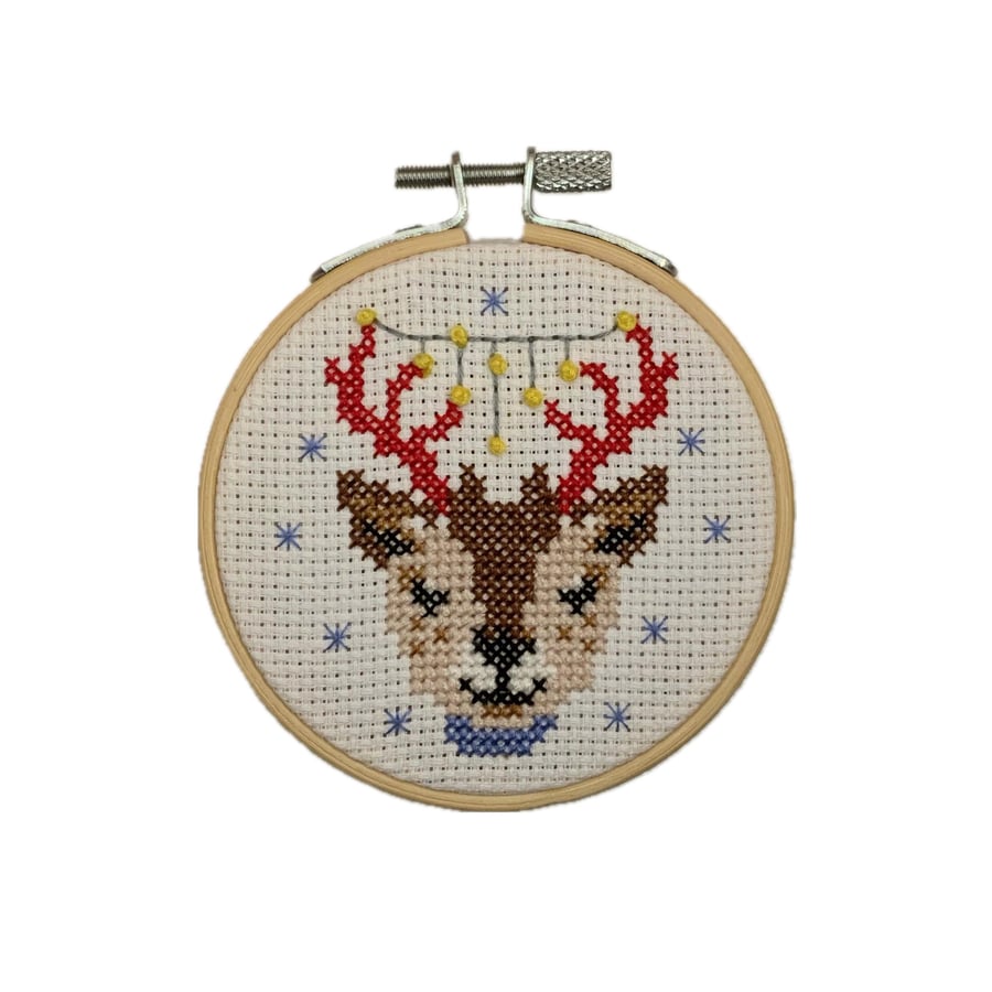 Reindeer Cross Stitch Hoop: Handmade Christmas Ornament