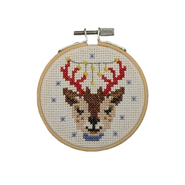 Reindeer Cross Stitch Hoop: Handmade Christmas Ornament