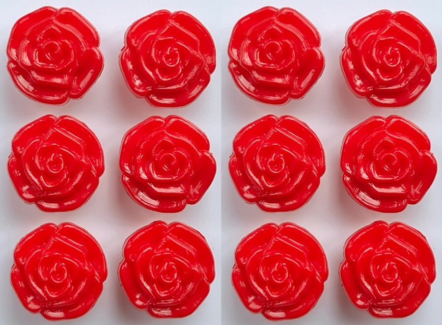 12 Flower Buttons, Red, Textured Rose Design, 13mm Wide, Glossy Finish