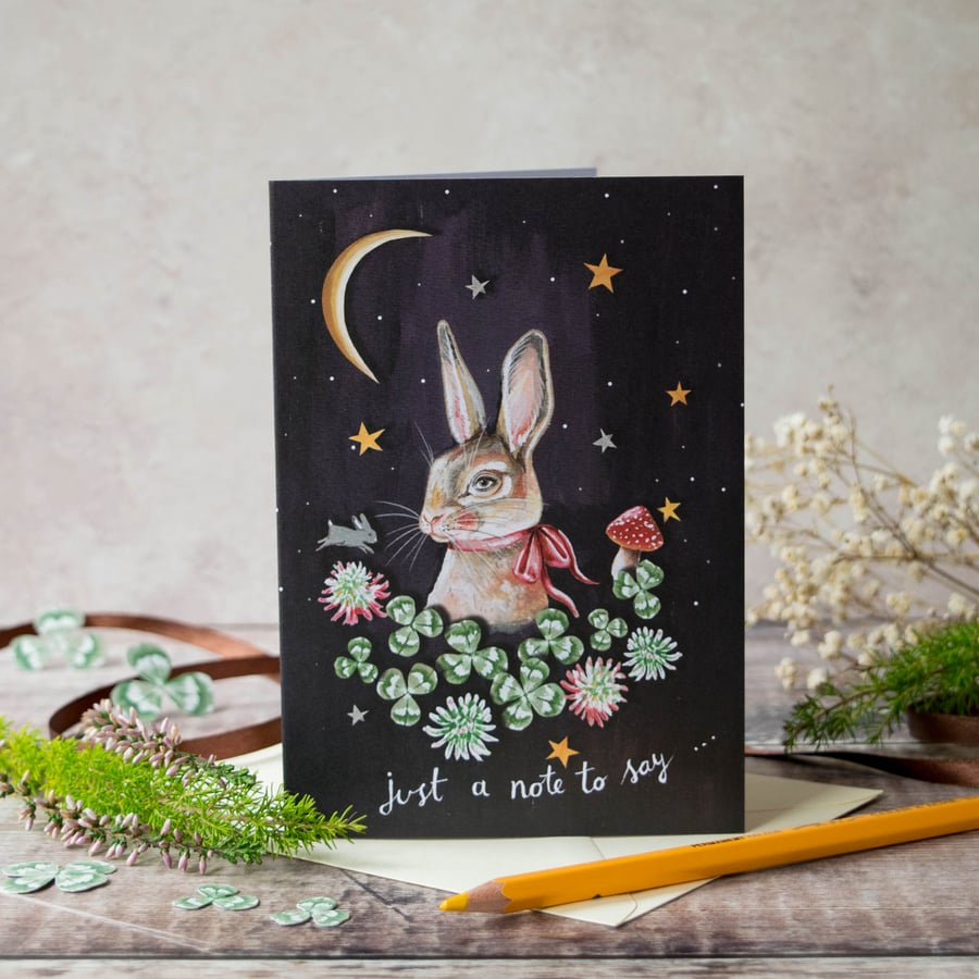 Just a note to say- rabbit card. A6. Rabbit with the moon and clover