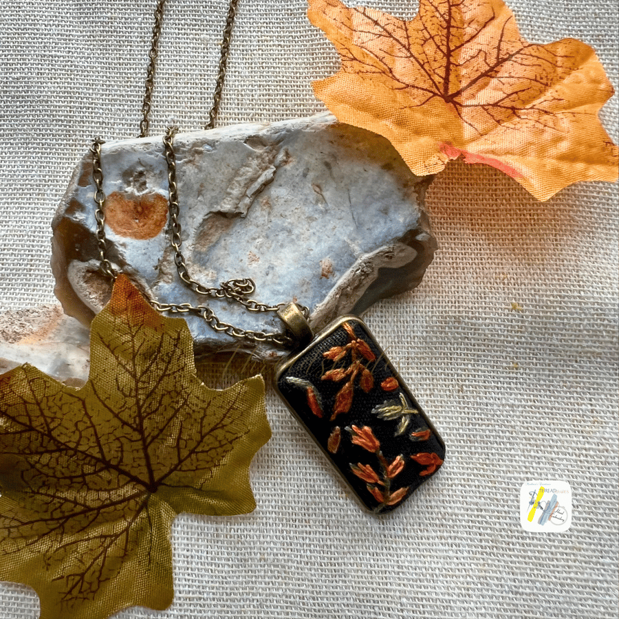 Embroidery necklace, rectangle pendant , fall necklace , gift for her, handmade,