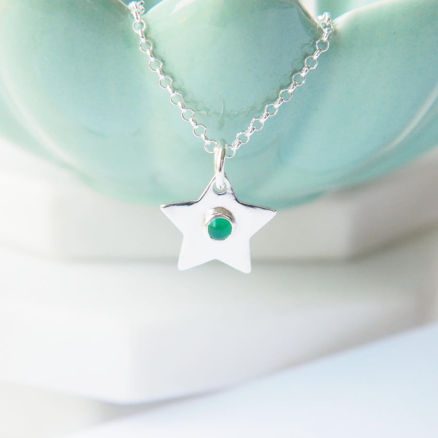 Silver Star Pendant with May Birthstone Green Agate