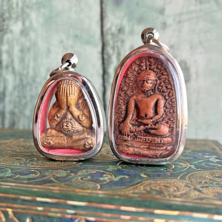 Thai Buddha clay amulets, hanging decoration, mixed media materials