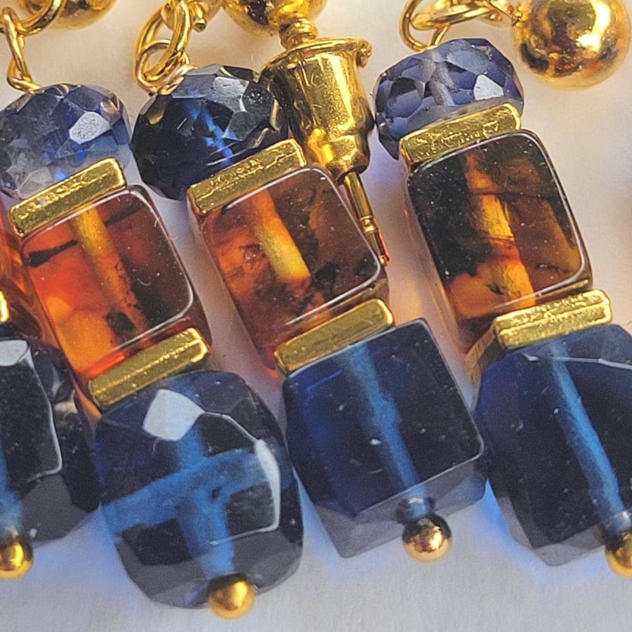 Sapphire, Amber and Iolite earrings. Real Gemstones-Handmade