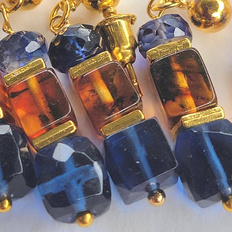 Sapphire, Amber and Iolite earrings. Real Gemstones-Handmade