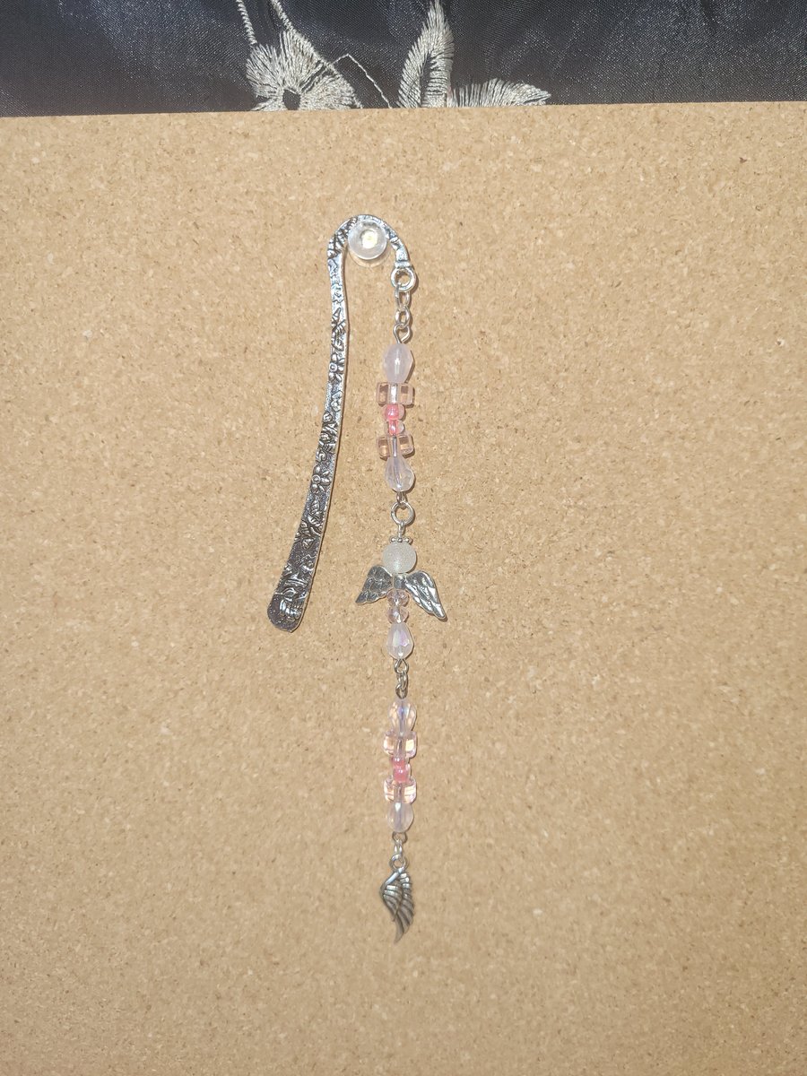 Beaded Metal Bookmark - Pink Angel Wings