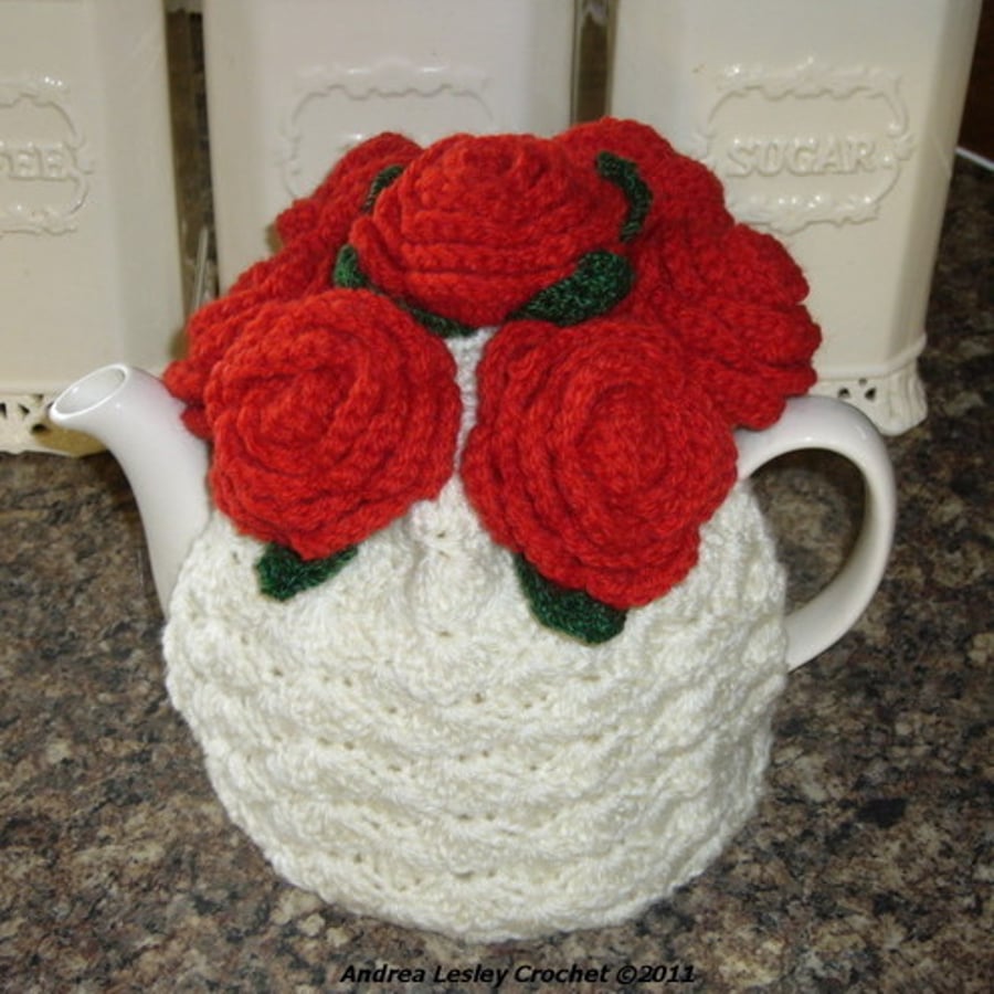 4-6 Cup Crochet Tea Cosy Cream with Red Roses Valentine (Made to order)  