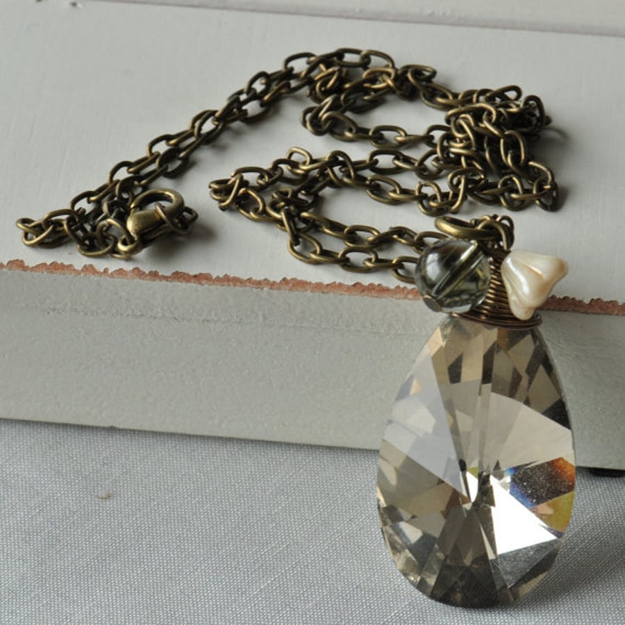 Necklace Smokey Acrylic Teardrop Pendant with Smokey Quartz and Czech Flower Cup