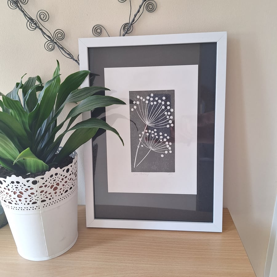Original linoprint of Cow Parsley seed head. A5 size
