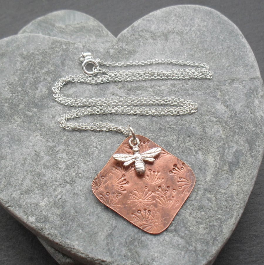 Dandelion Copper  Pendant With Sterling Silver Bee Charm Vintage Style