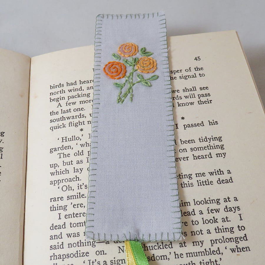 Orange Rose Bookmark - painted and stitched