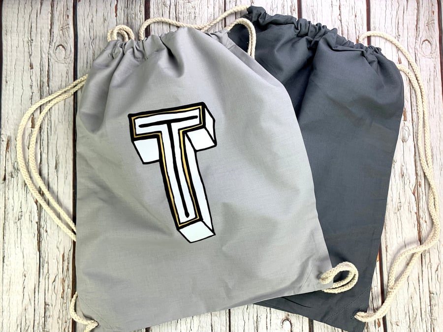 Personalised Drawstring Bag Alphabet Initial Letter gym-sac. Choose your Initial