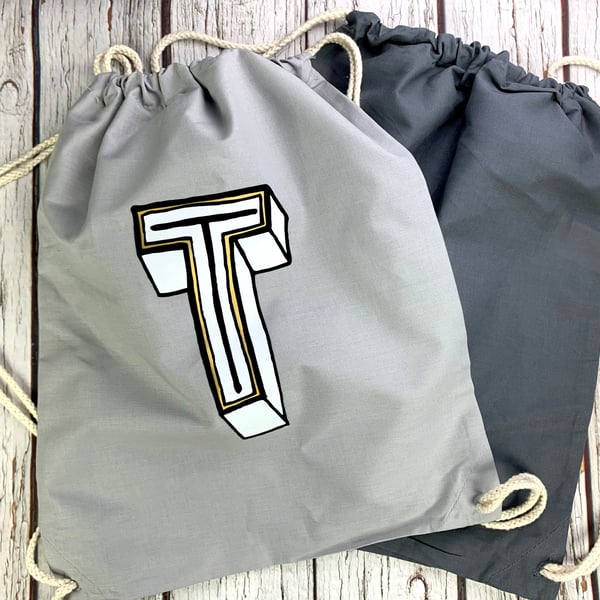 Personalised Drawstring Bag Alphabet Initial Letter gym-sac. Choose your Initial