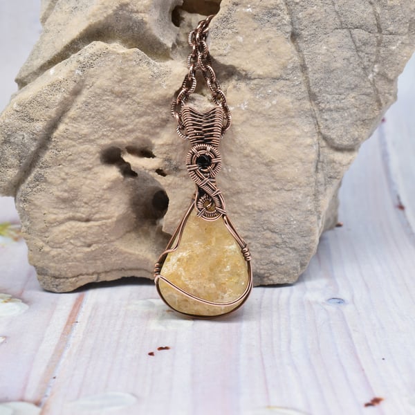 Wire Wrapped Citrine Druzy and Copper Pendant