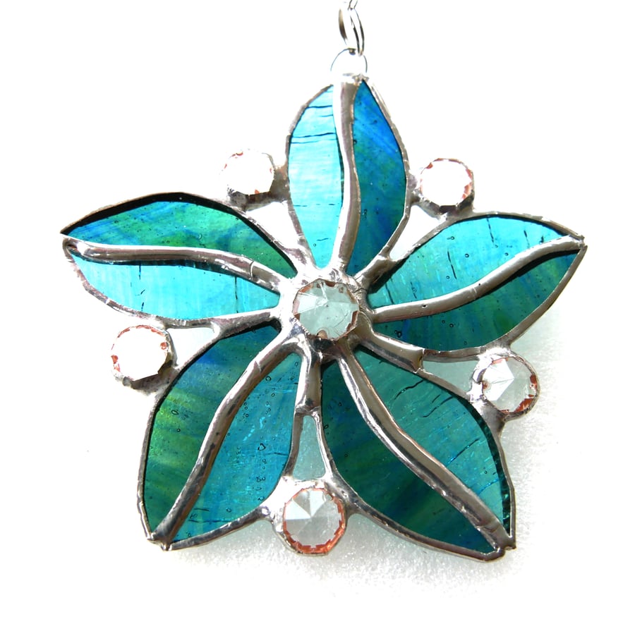 SOLD 250627 Crystal Star Flower Suncatcher Stained Glass 013 SeaBlue