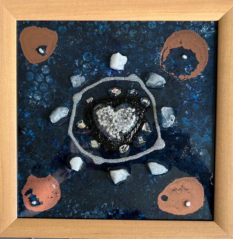Heart themed Square Blue Resin Art with copper accent and pearls