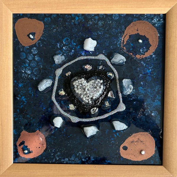 Heart themed Square Blue Resin Art with copper accent and pearls