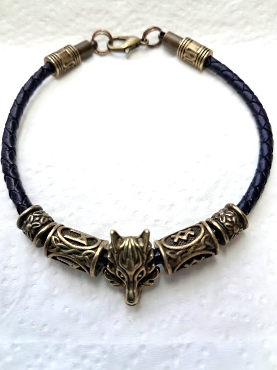 Leather Viking Rune Wolf bracelet Handmade Unisex