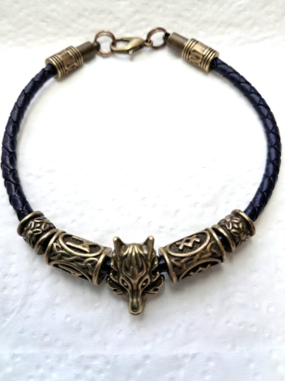Leather Viking Rune Wolf bracelet Handmade Unisex