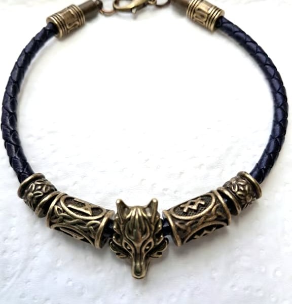 Leather Viking Rune Wolf bracelet Handmade Unisex