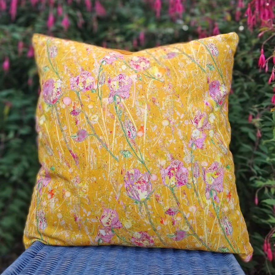 Chenille and vintage velvet floral cushion