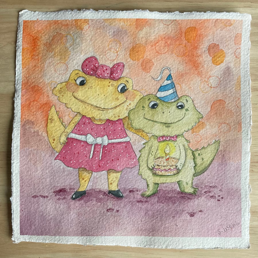 Birthday Bearded Dragons, watercolour paper, 20cm x 20cm original art.