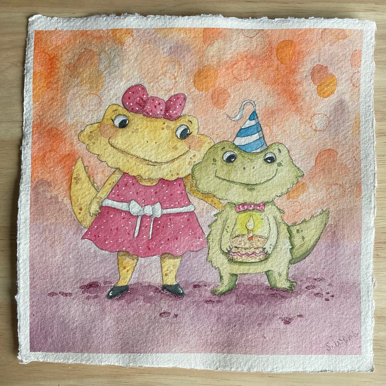 Birthday Bearded Dragons, watercolour paper, 20cm x 20cm original art.