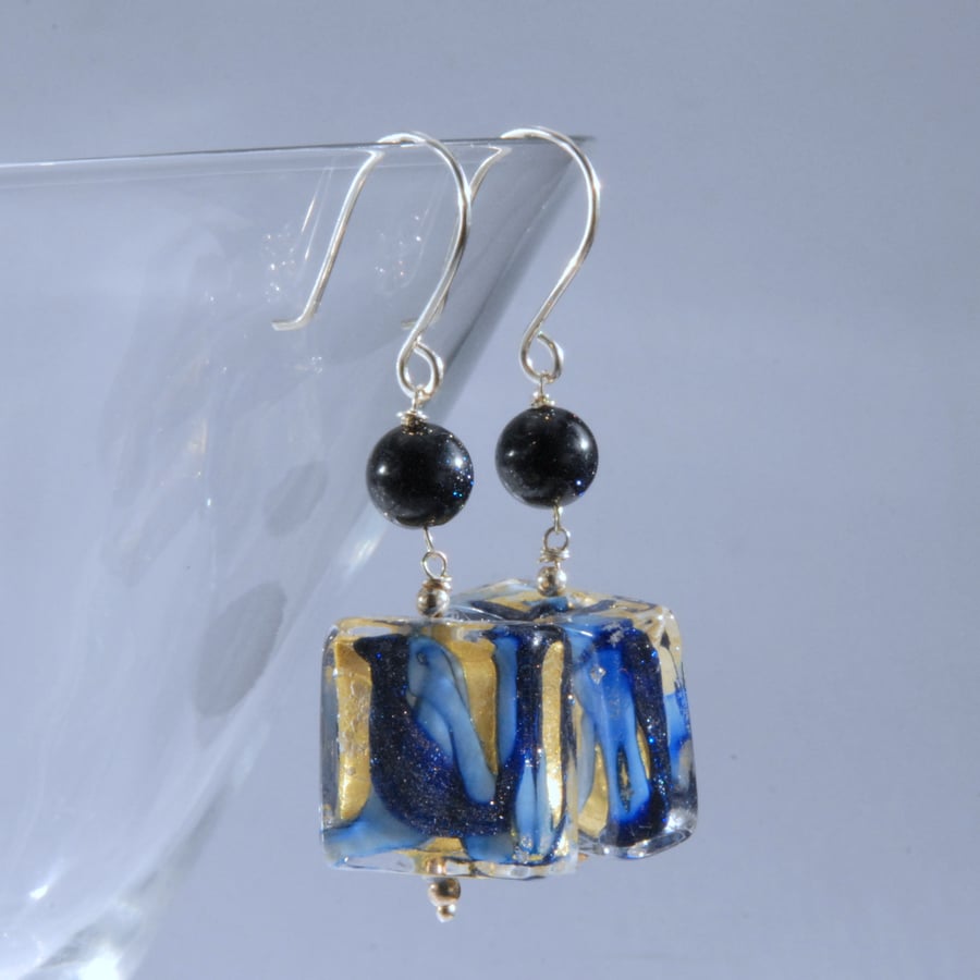 Navy and gold murano glass square sterling silver earrings