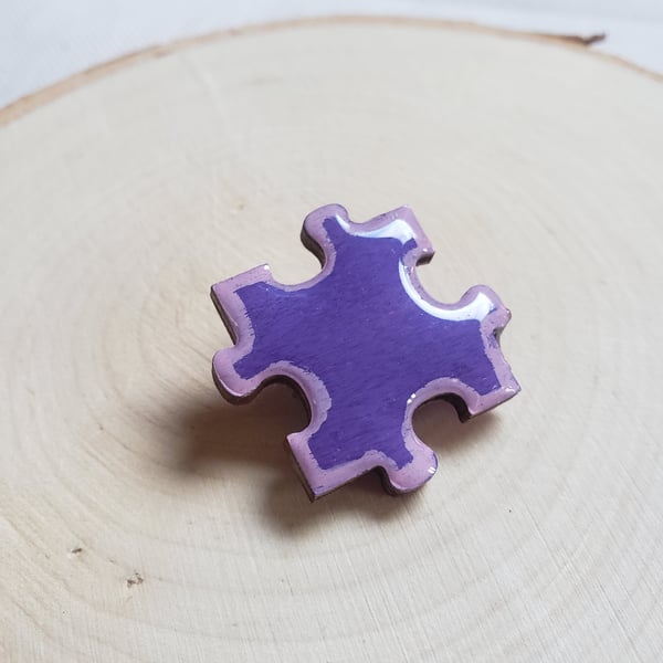 Hand-painted Jigsaw Brooch Resin Coated - Purple