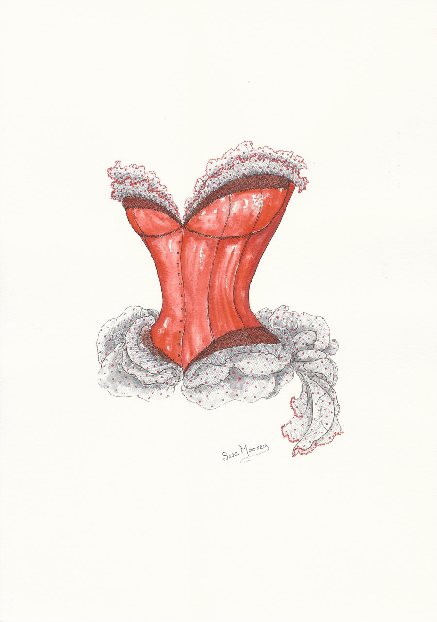 Red corset original watercolour painting with black detail