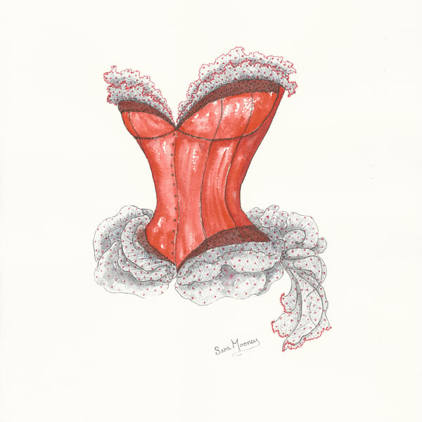 Red corset original watercolour painting with black detail