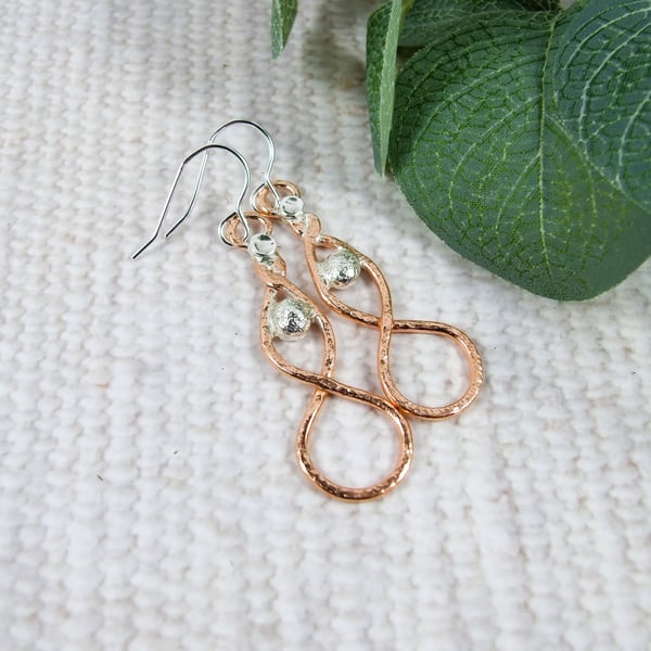 Earrings, Copper Twist with Sterling Silver Pebble 