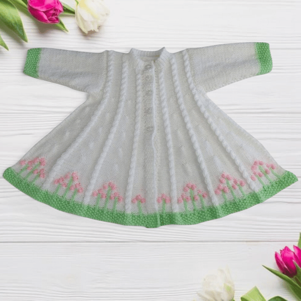 Hand-Knitted Baby Cardigan, White with Pink Flowers & Green Trim, 0–6 Months