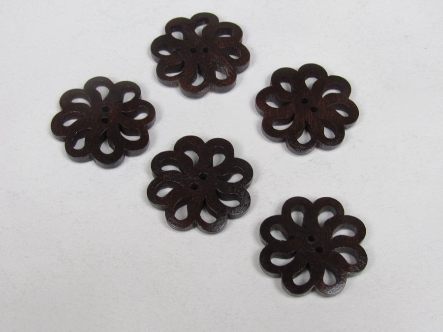 5 Medium 25mm Dark Wood Pierced Flower Buttons