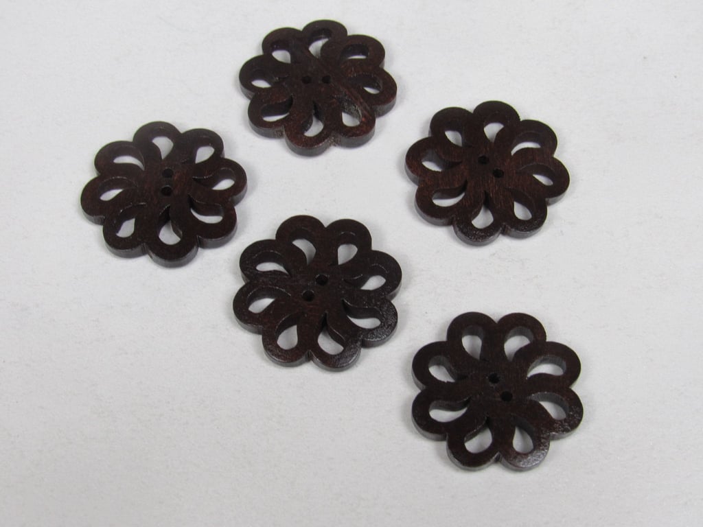5 Medium 25mm Dark Wood Pierced Flower Buttons