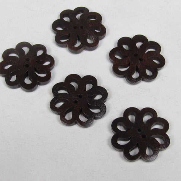 5 Medium 25mm Dark Wood Pierced Flower Buttons