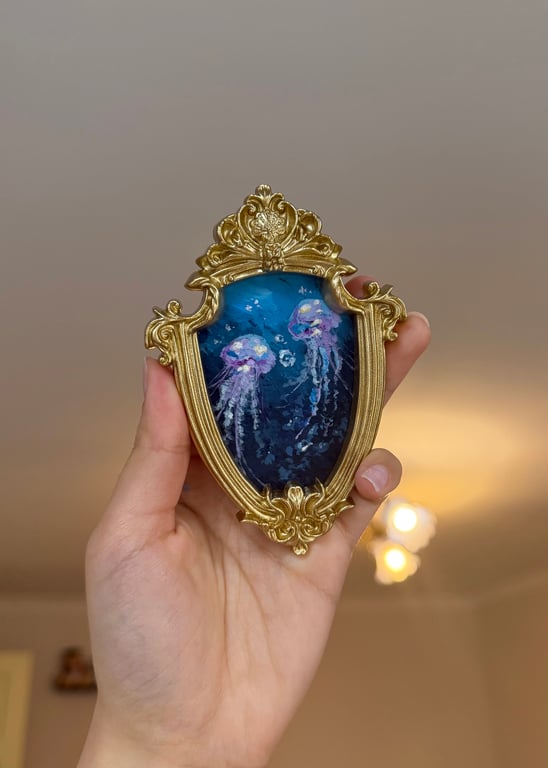Jellyfish under the moonlight original acrylic painting in vintage gold frame