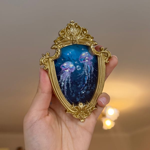 Jellyfish under the moonlight original acrylic painting in vintage gold frame