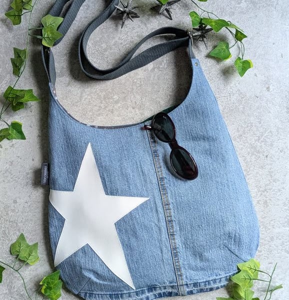 Denim Bag - Pale Denim Jeans Cross Body Bag with White Star Motif 