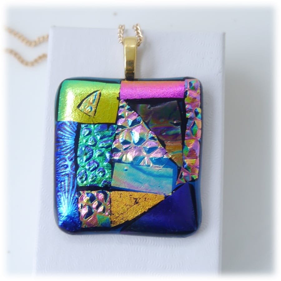 Dichroic Glass S004 Supersize Patchwork Pendant with Gold plated chain